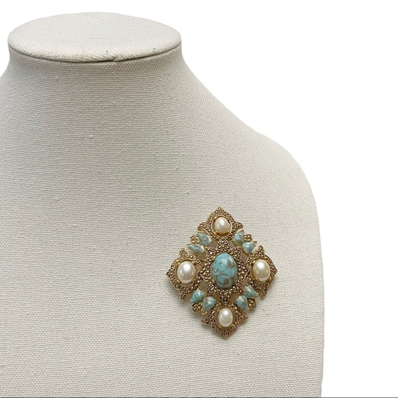 Vintage 1960s Sarah Coventry Signed Faux Pearl Foil Turquoise Cabochon Brooch - Picture 2 of 7
